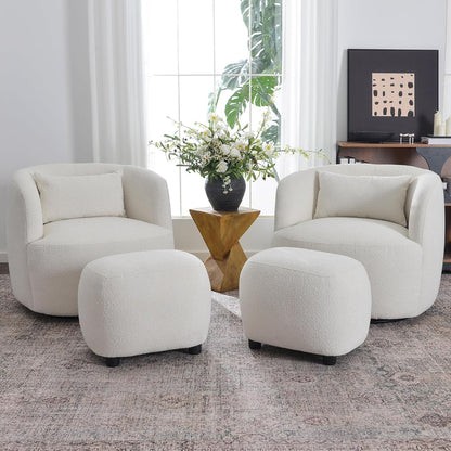 KINWELL 34" Wide 2 Boucle Swivel Barrel Chairs and 2 Ottomans Set, Fully Assembled Sherpa Accent