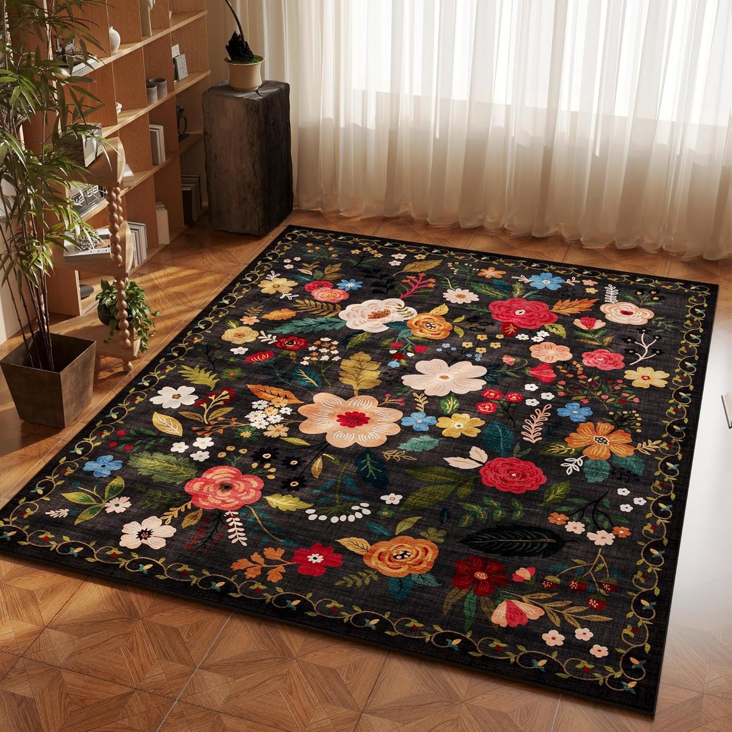 Area Rug 4x6 Rug Washable Boho Rugs Non Slip Low Pile Floral Small Carpet for Bedroom, Bedside