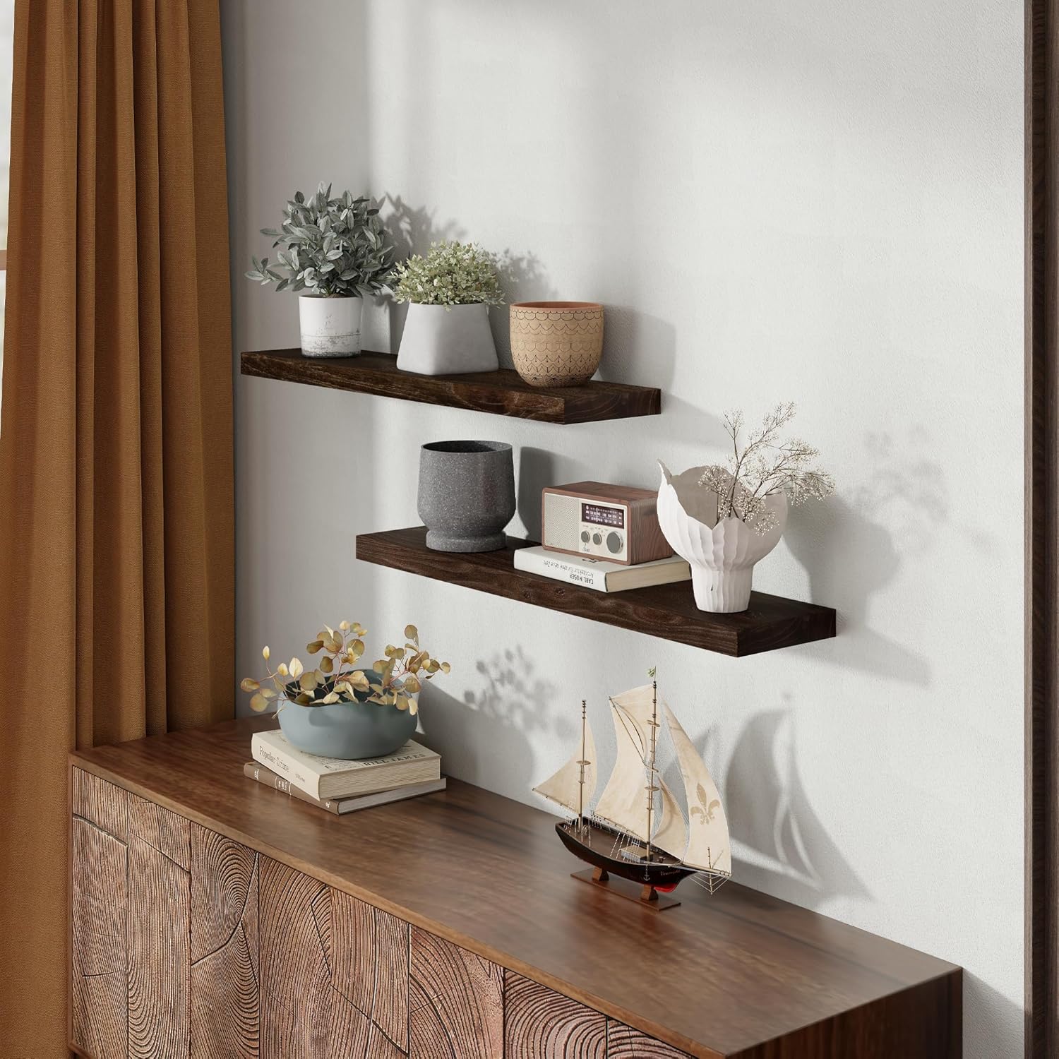 36 Inch Floating Shelves for Wall, Rustic Elm Wood Shelf for Home Decor, Heavy-Duty Wooden Floating