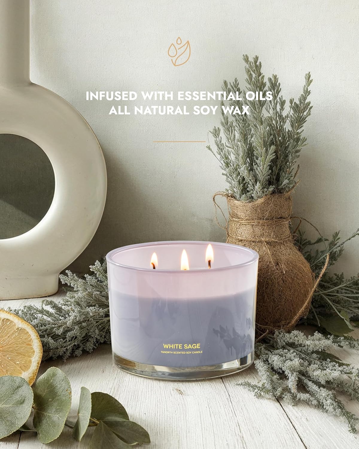96NORTH Luxury White Sage Candle | Large 3 Wick Jar Candle | Up to 50 Hours Burning Time | 100%