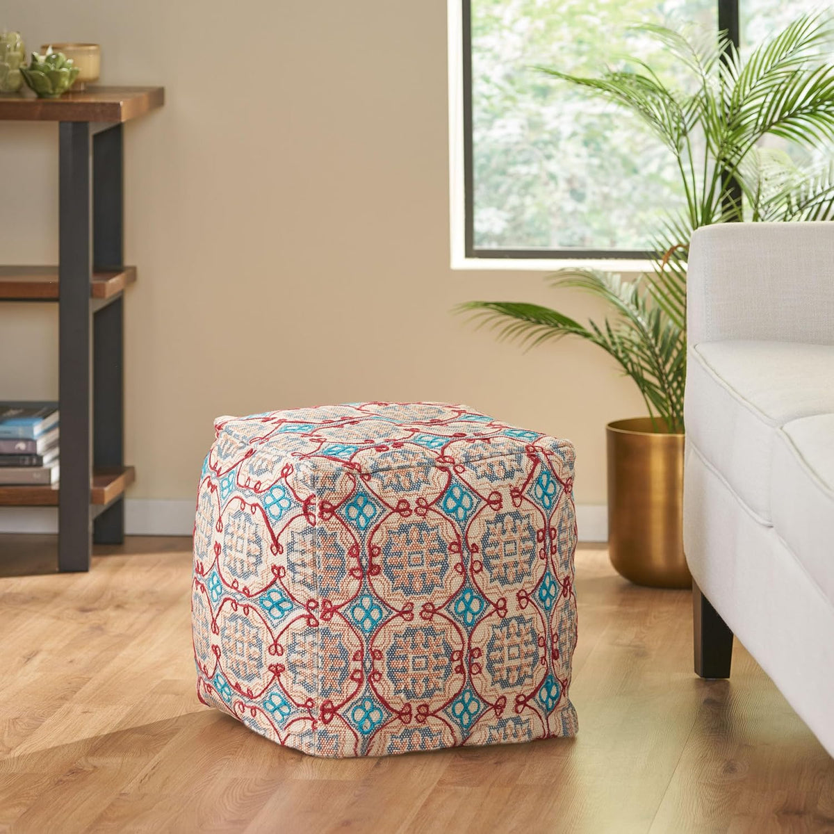GDFStudio Boho Handmade Fabric Cube Pouf Ottoman Foot Stool - Bean Bag Floor Chair - Foot Rest