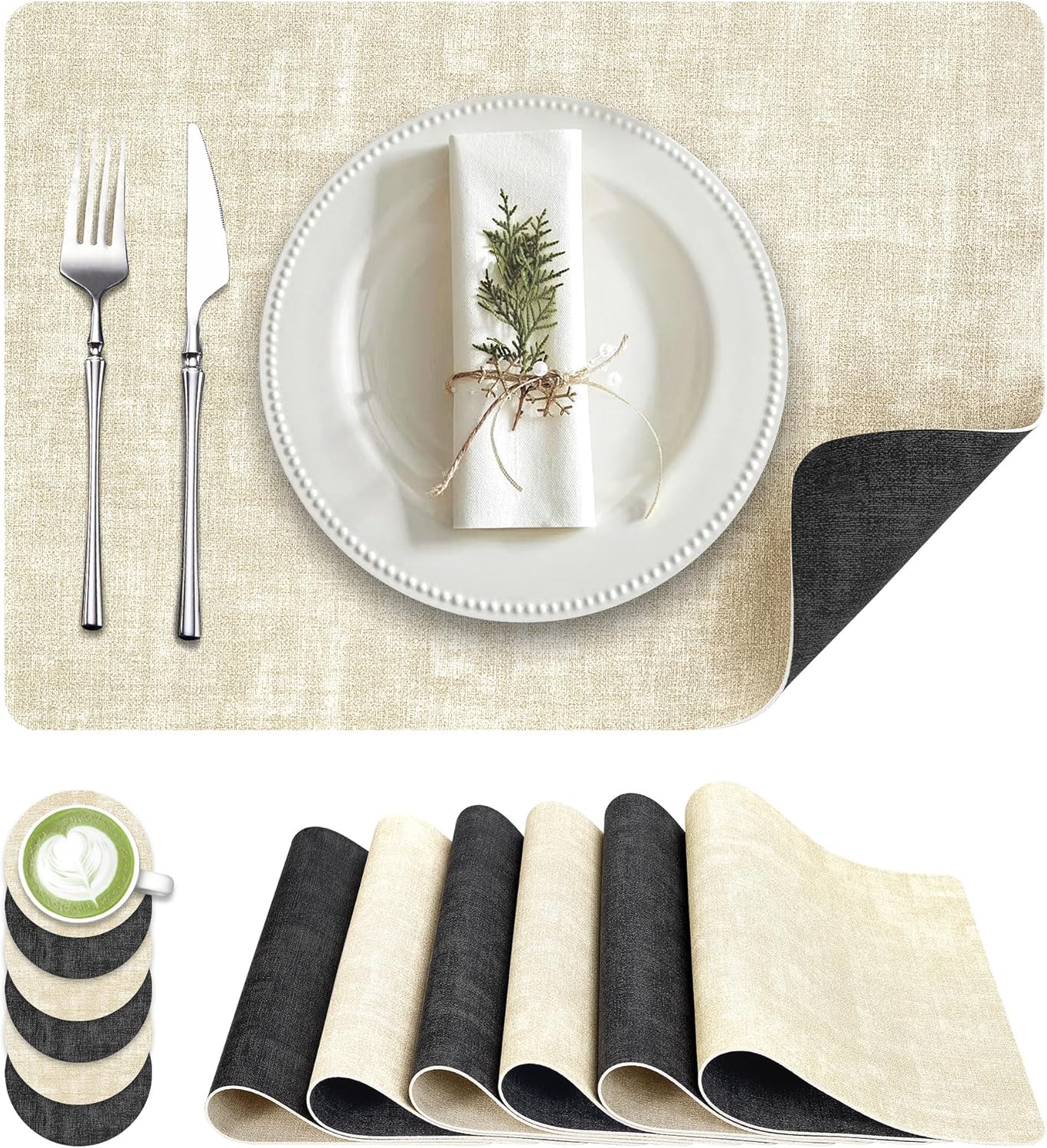 Faux Leather Dual Sided Placemats Set of 6, Square Non-Slip Heat Resistant Placemats with Coaster
