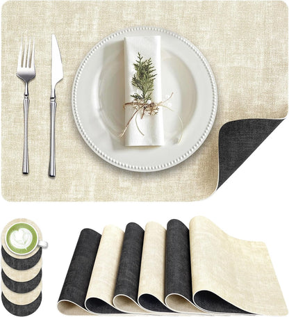 Faux Leather Dual Sided Placemats Set of 6, Square Non-Slip Heat Resistant Placemats with Coaster