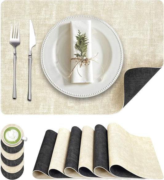 Faux Leather Dual Sided Placemats Set of 6, Square Non-Slip Heat Resistant Placemats with Coaster