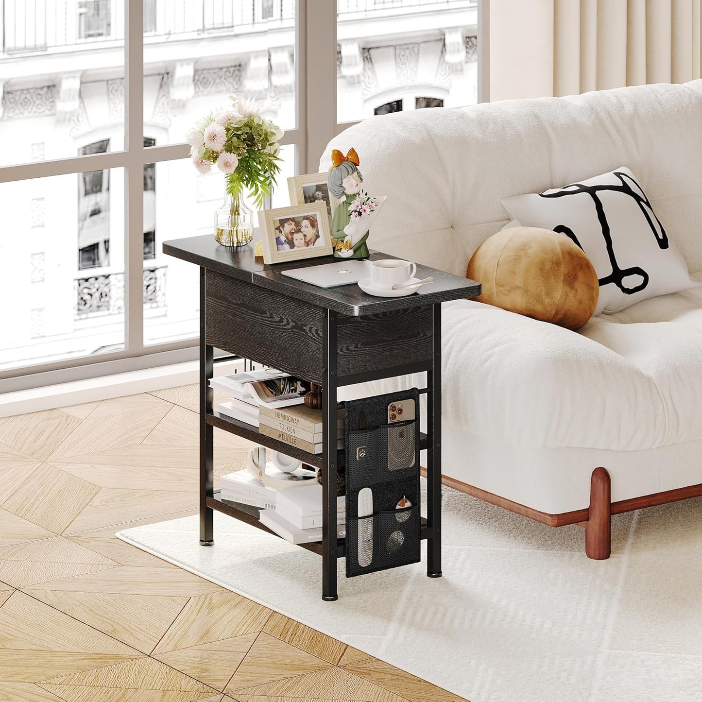End Table with Charging Station, Flip Top Nightstand with USB Ports and Outlets,Couch Side Table