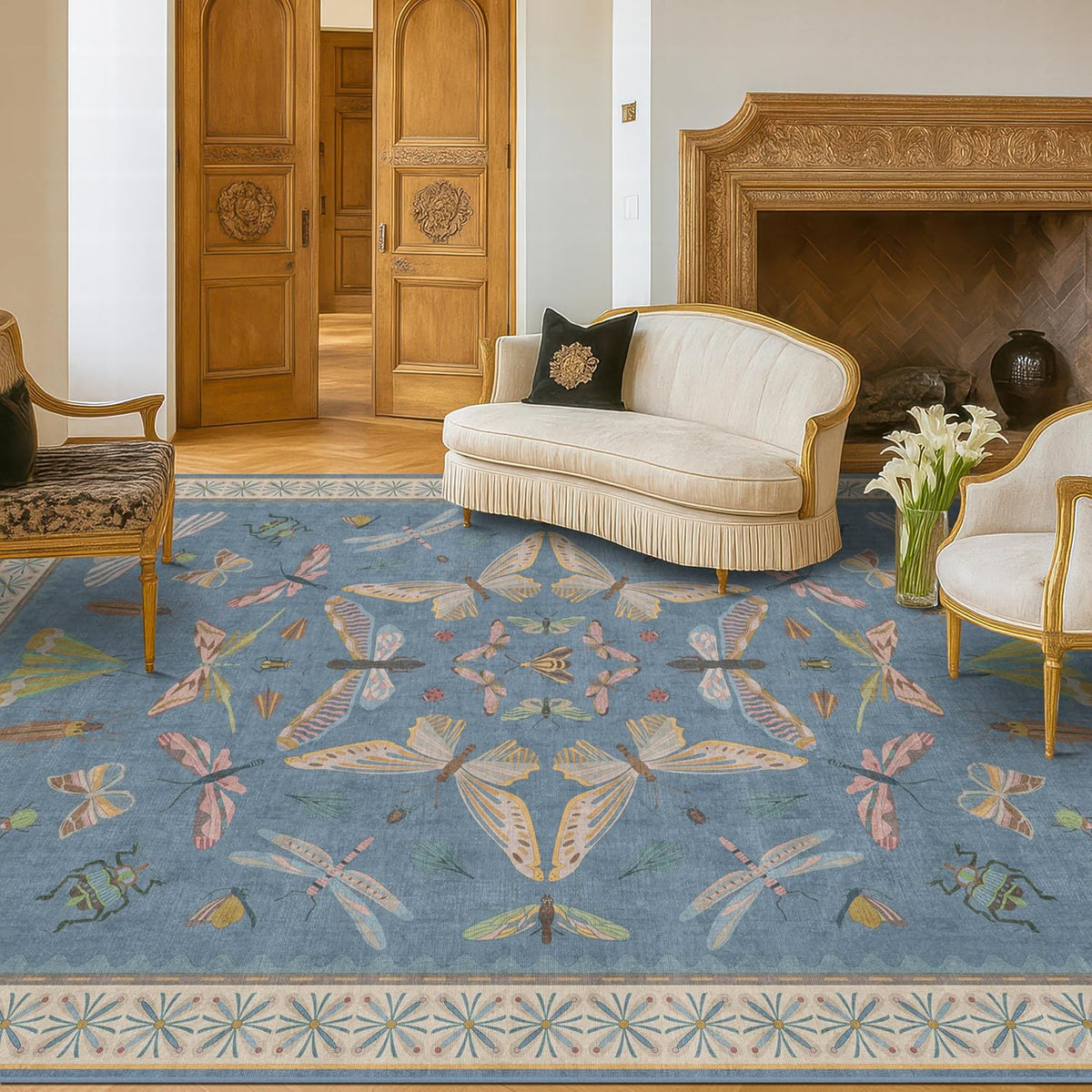6x9 Blue Floral Rug for Dining Room Table - Area Rugs for Living Room, Bedroom, Insect Moth Art
