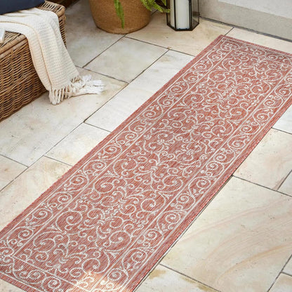 JONATHAN Y Vintage Filigree Indoor Outdoor Runner Rug 2X8 Red/Beige, Charleston Textured Weave for
