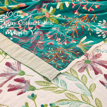 Boho Throw Blanket for Bed, 100% Cotton Soft Rustic Quilt Fall Blanket, 90"x98" Floral Printed