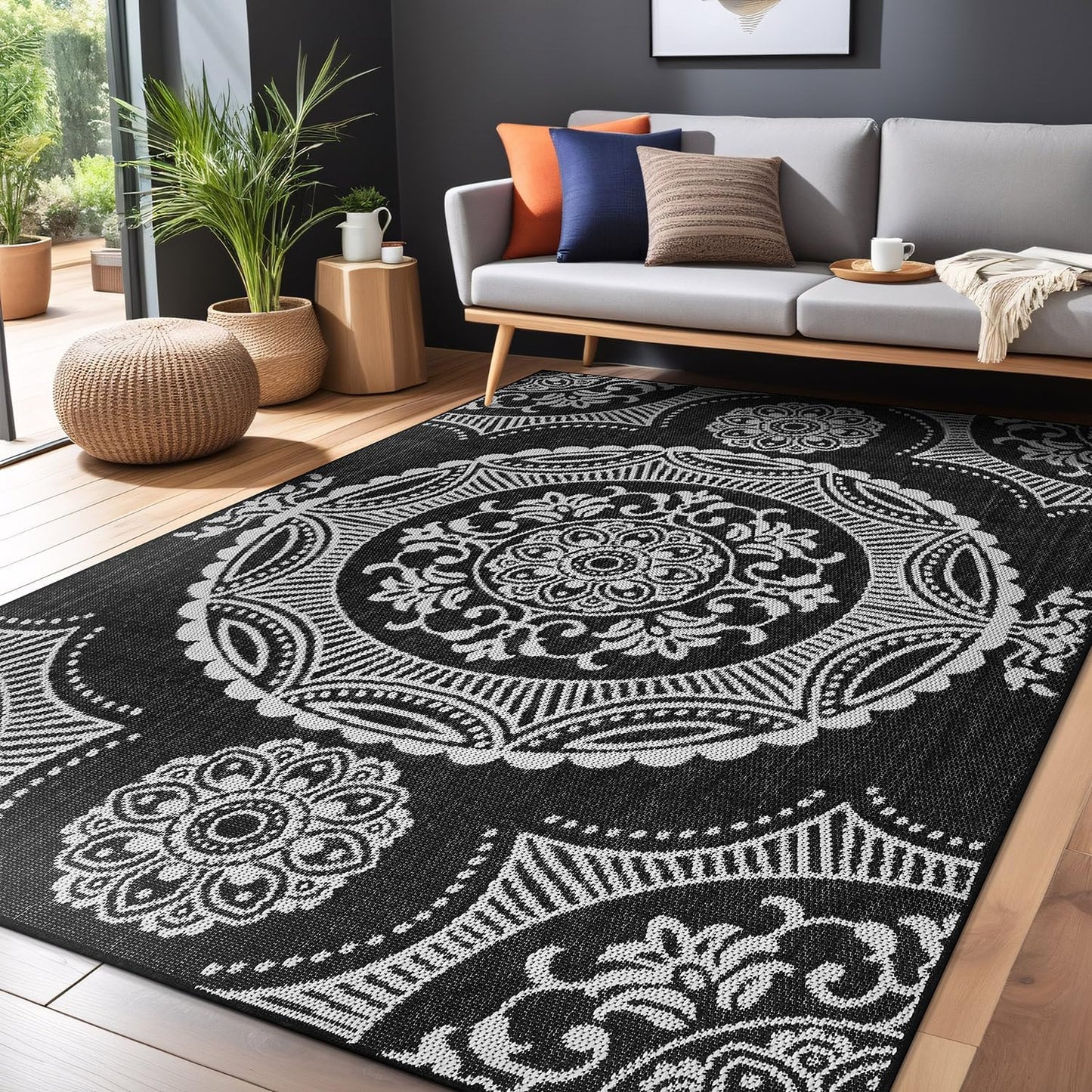 Medallion Outdoor Rug 9x12 Washable Outside Carpet for Indoor Patio Porch Waterproof Easy Cleaning