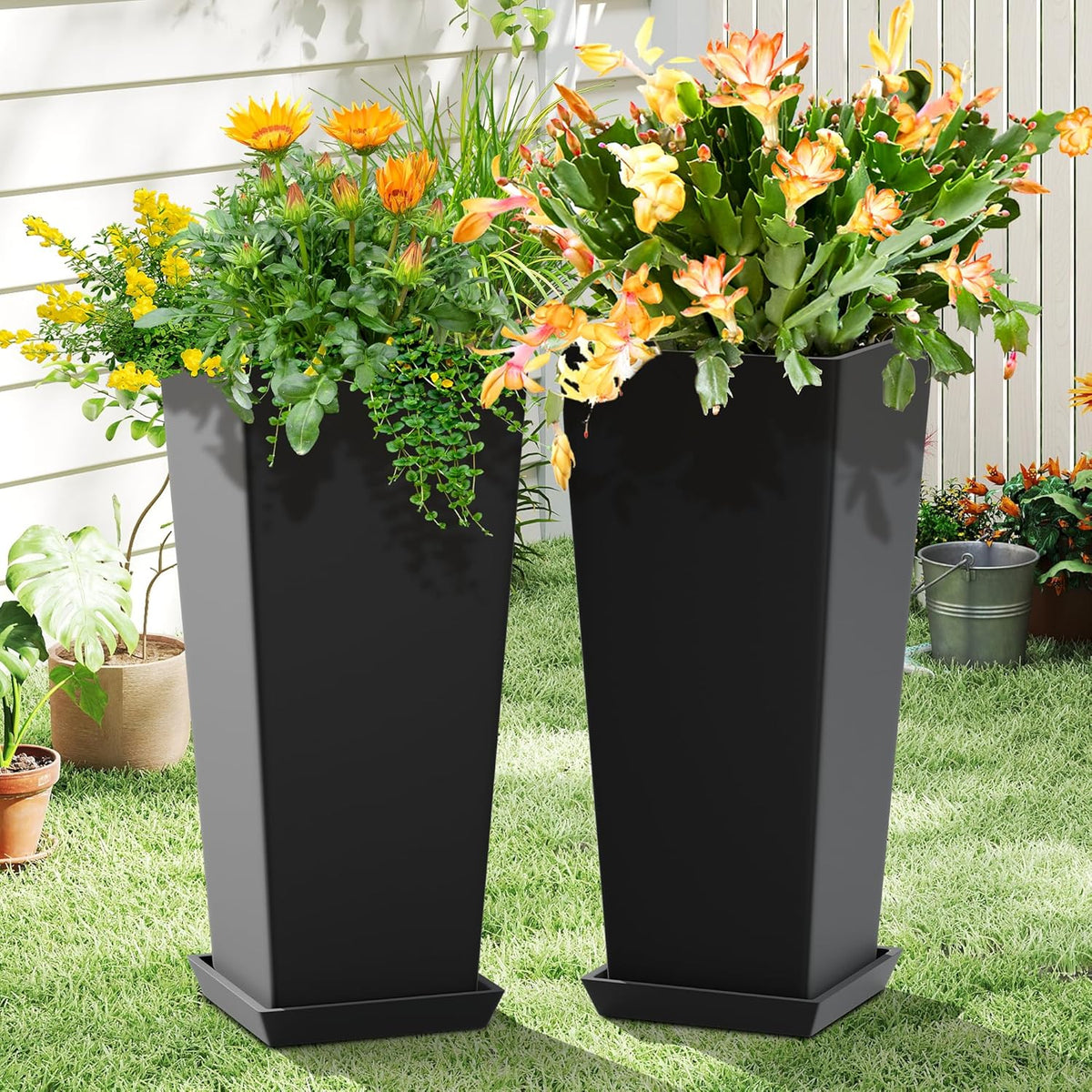 FENCY Set of 2 Tall Planters for Outdoor Plants, 24 Inch Large Tapered Pots with Drainage Trays
