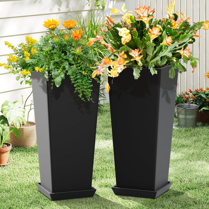 FENCY Set of 2 Tall Planters for Outdoor Plants, 24 Inch Large Tapered Pots with Drainage Trays