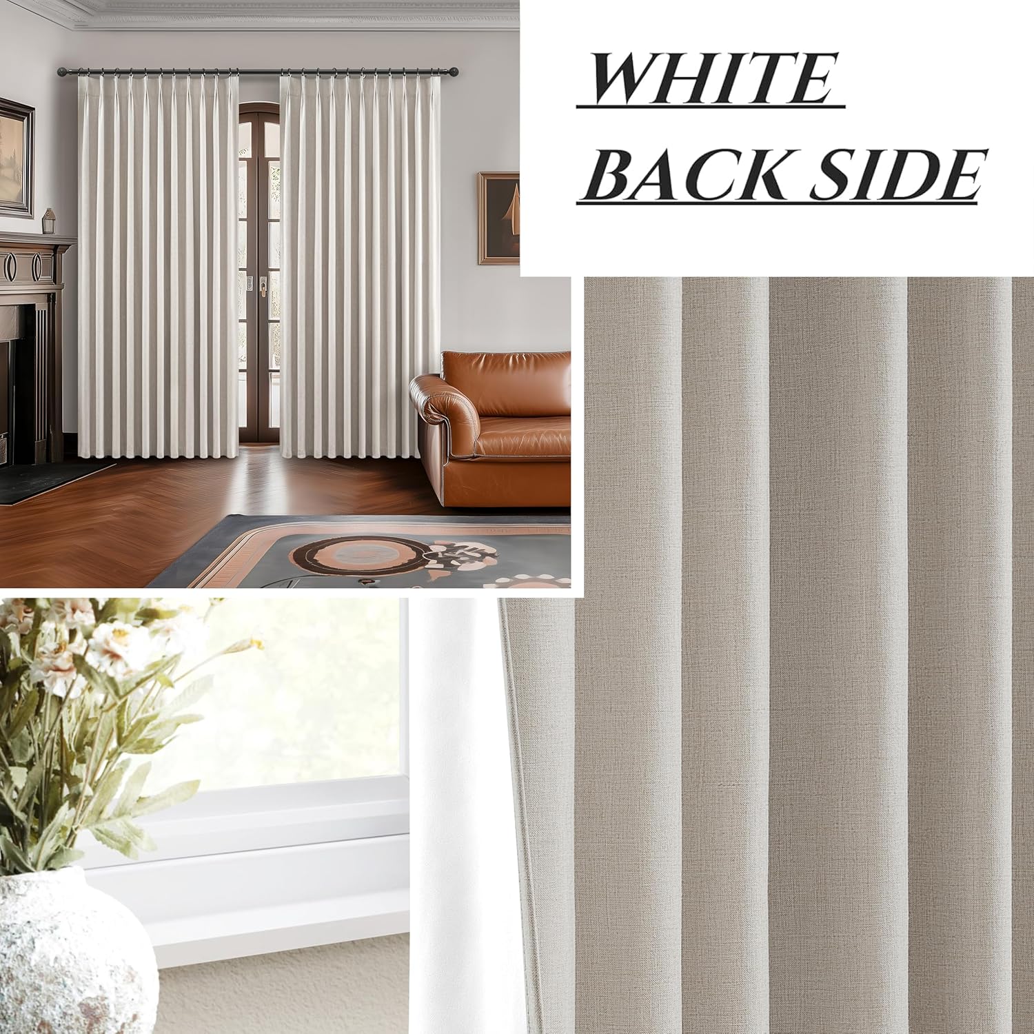 Pinch Pleated Blackout Curtains 70 Inches Wide for Living Room, Room Darkening Linen Blend Tan