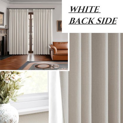 Pinch Pleated Blackout Curtains 70 Inches Wide for Living Room, Room Darkening Linen Blend Tan
