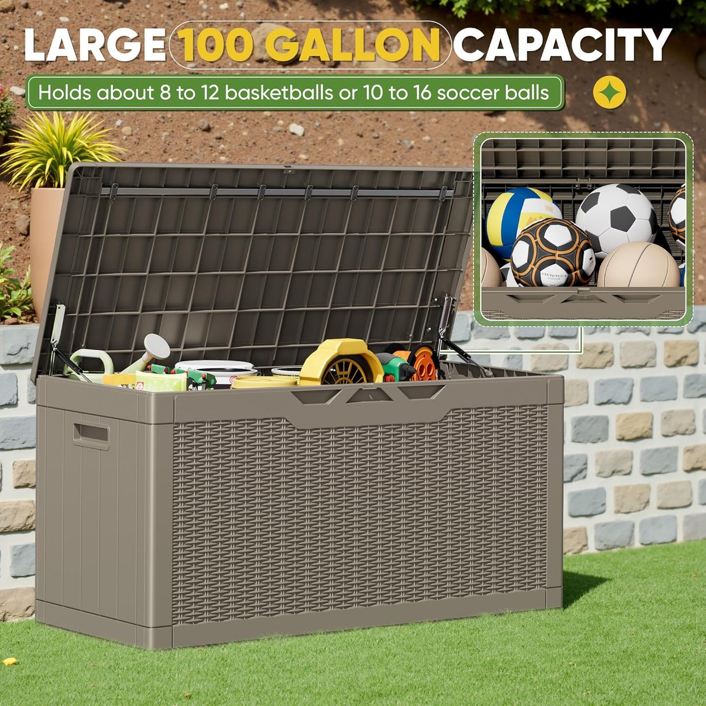 Greesum 100 Gallon Resin Deck Box Lockable Large Outdoor Storage Boxes for Garden Tools, Patio