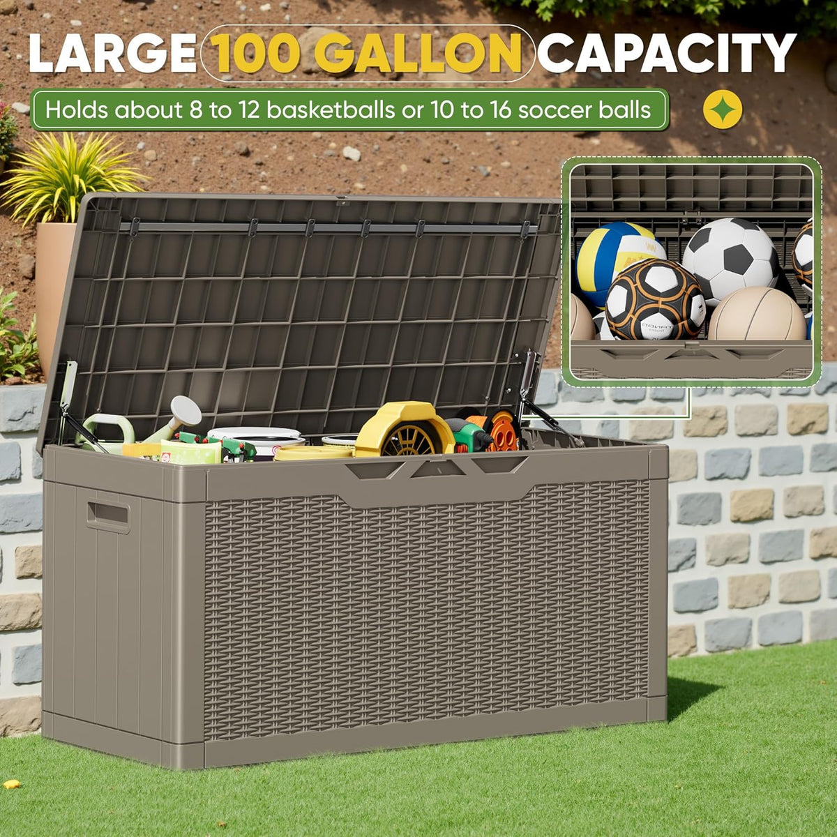 Greesum 100 Gallon Resin Deck Box Lockable Large Outdoor Storage Boxes for Garden Tools, Patio