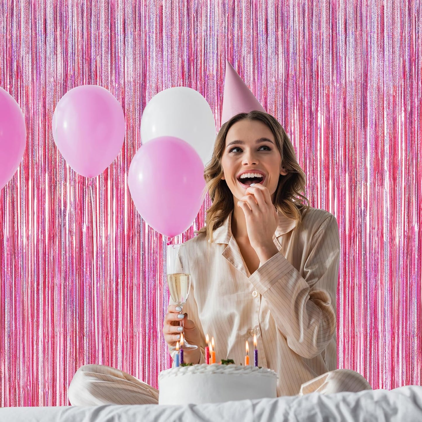 4 Pack Pink Backdrop, 3.28 FT x7.05 FT Foil Fringe Curtains, Metallic Glitter Pink Streamer Fringe