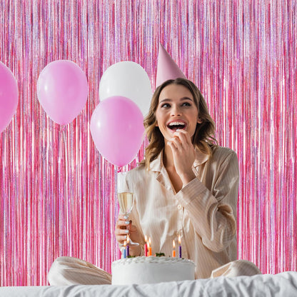 4 Pack Pink Backdrop, 3.28 FT x7.05 FT Foil Fringe Curtains, Metallic Glitter Pink Streamer Fringe