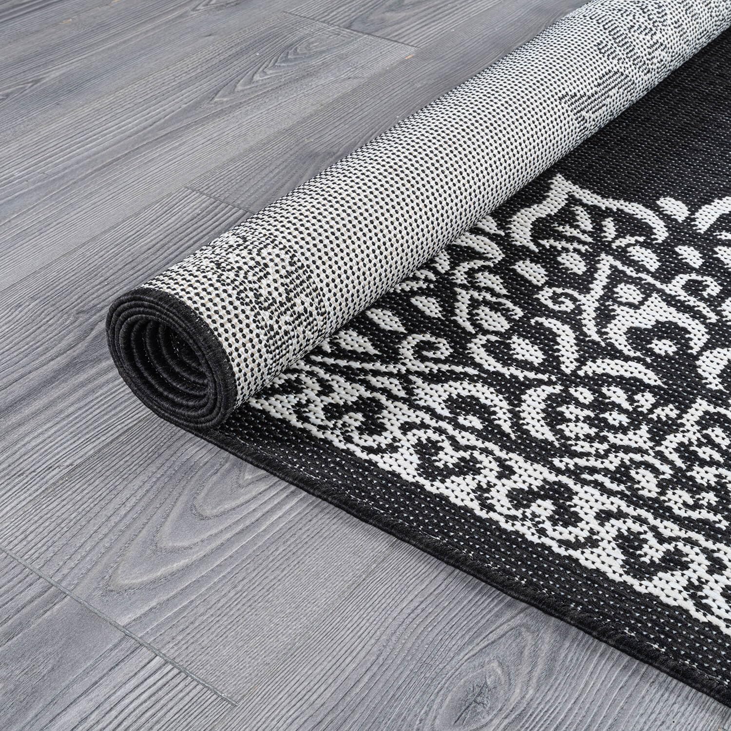 CAMILSON Outdoor Rug, 9x12 Medallion Black White Modern Area Rugs for Large Indoor and Outdoor