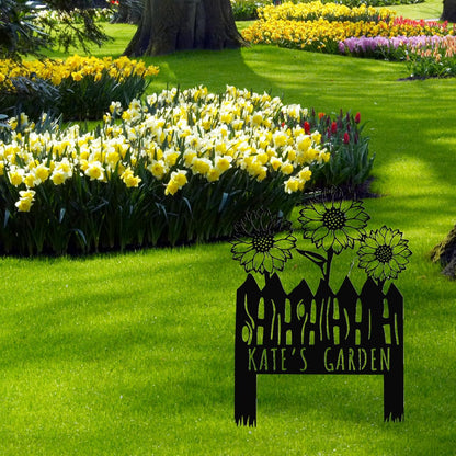 Custom Sunflower Metal Garden Sign with Stakes, Flower Garden Decor, Personalized Family Name Sign
