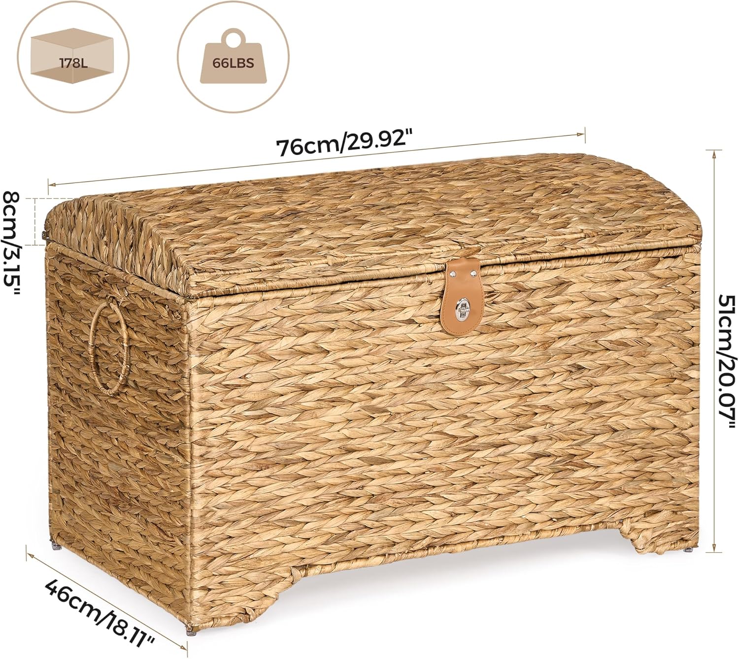 Handwoven Storage Basket with Lid, 178L Wicker Storage Bin, Natural Water Hyacinth, Leather Buckle