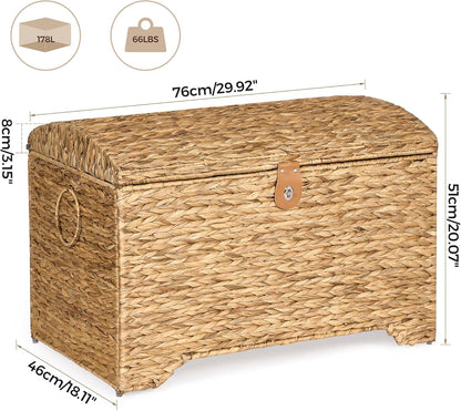 Handwoven Storage Basket with Lid, 178L Wicker Storage Bin, Natural Water Hyacinth, Leather Buckle
