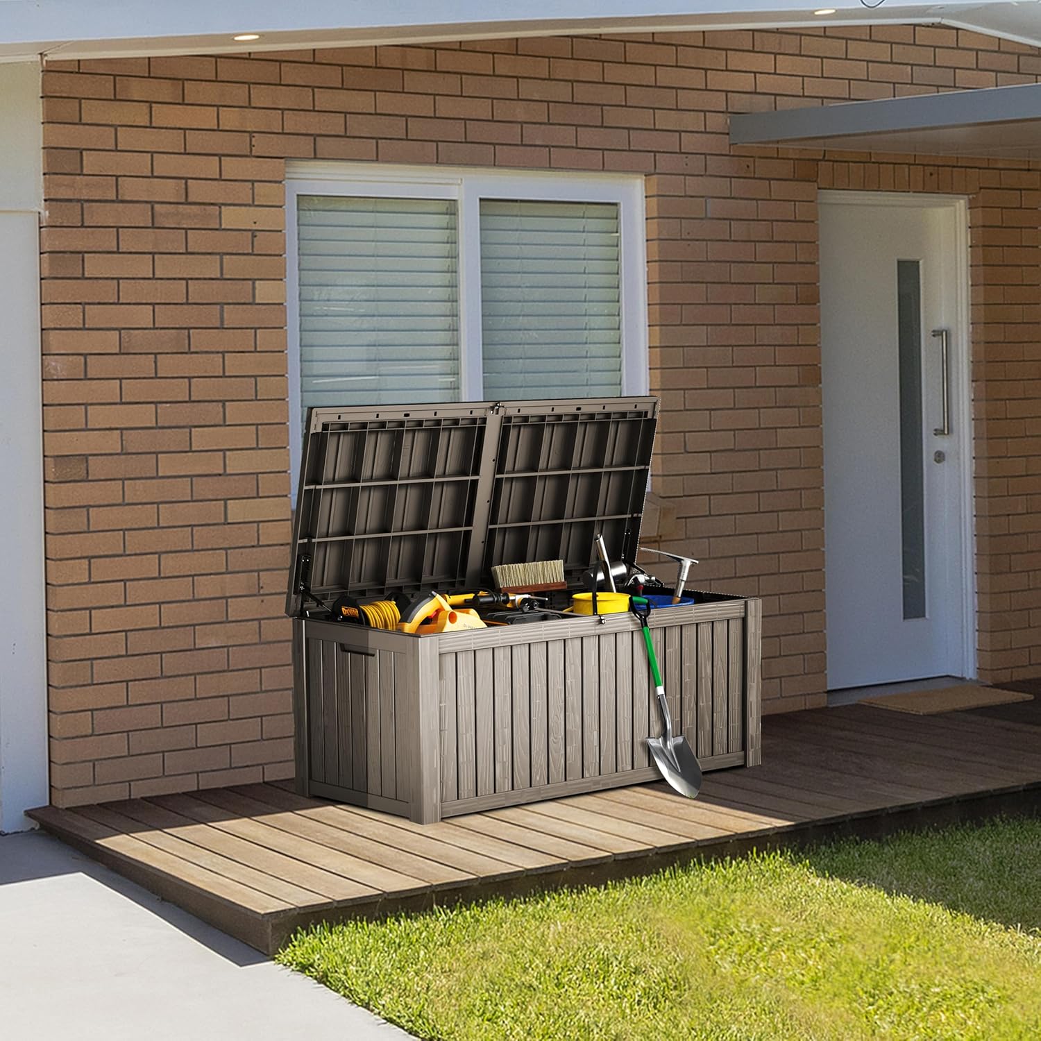 180 Gallon Lockable Resin Deck Box, Waterproof & UV-Resistant Outdoor Storage Box for Outdoor