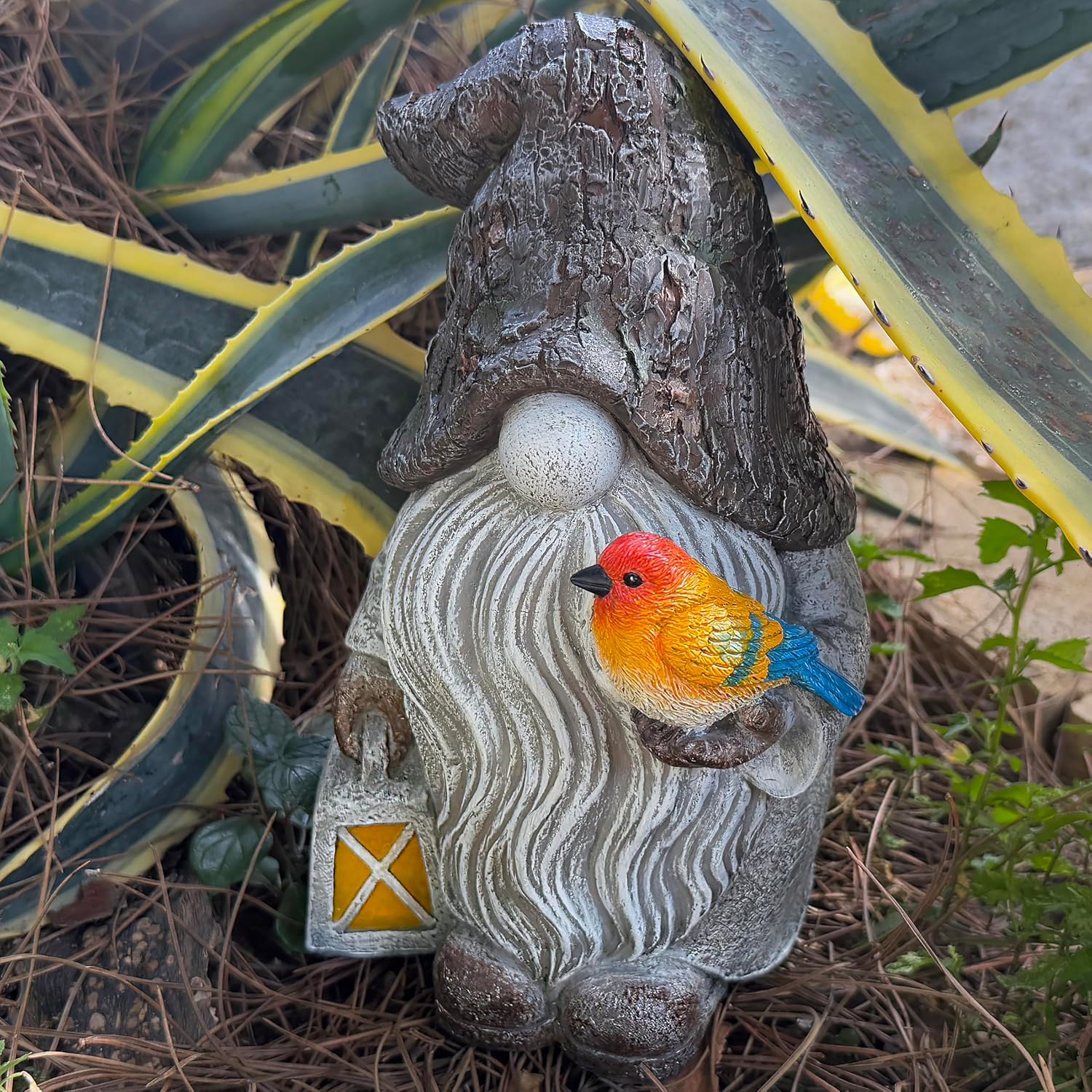 Mood Lab Garden Gnome - Stone Gnome Figurine - 9.1 Inch Tall Lawn Statue with Bird - for Outdoor or
