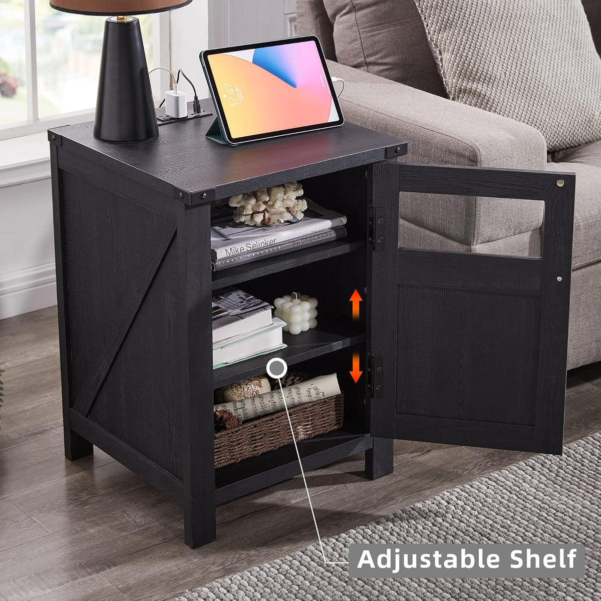 JXQTLINGMU Farmhouse End Table with Charging Station, 18'' Rustic Nightstand with Barn Door &