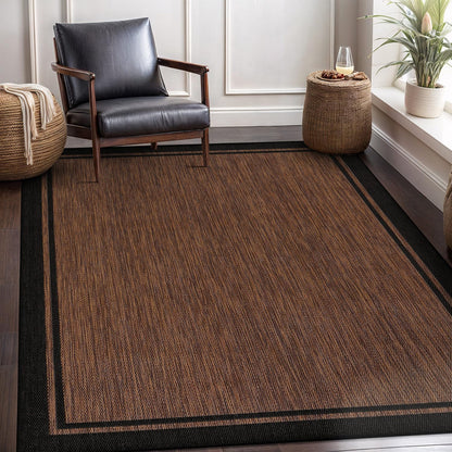 CAMILSON Indoor Outdoor Rug, 5x7 Bordered Nut Brown Black Modern Area Rugs for Indoor and Outdoor