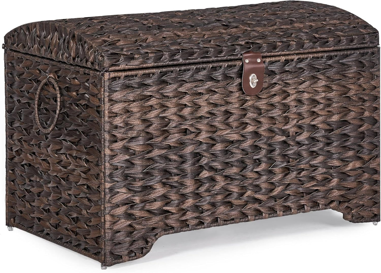 Handwoven Storage Basket with Lid, 178L Plastic Rattan Storage Bin, Leather Buckle & Metal Frame