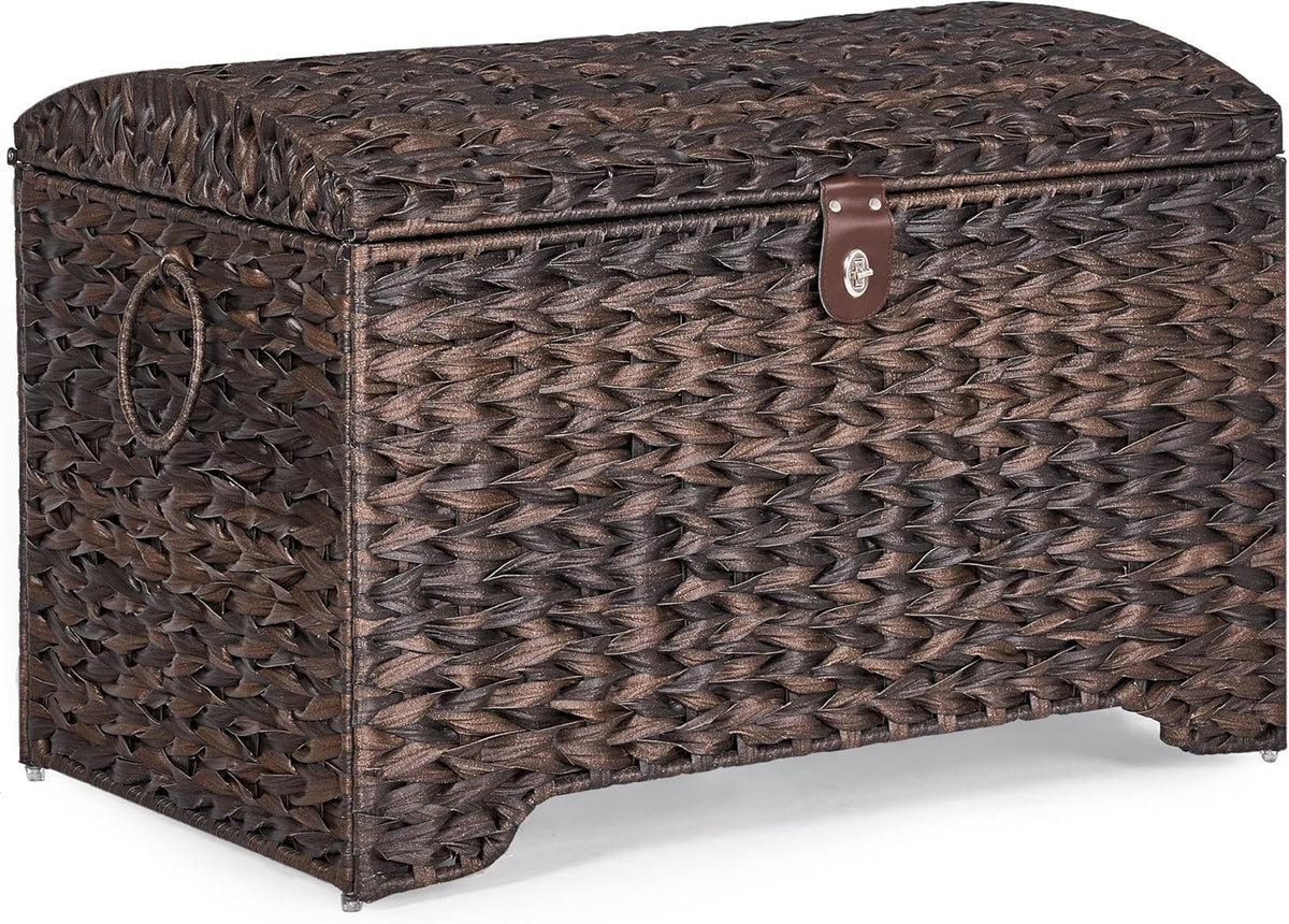 Handwoven Storage Basket with Lid, 178L Plastic Rattan Storage Bin, Leather Buckle & Metal Frame