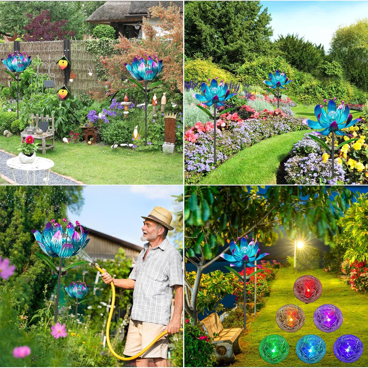 Solar Wind Spinner, 38 Inch Metal Stake Yard Spinners,Solar Powered Multi-Color LED Glass Ball with