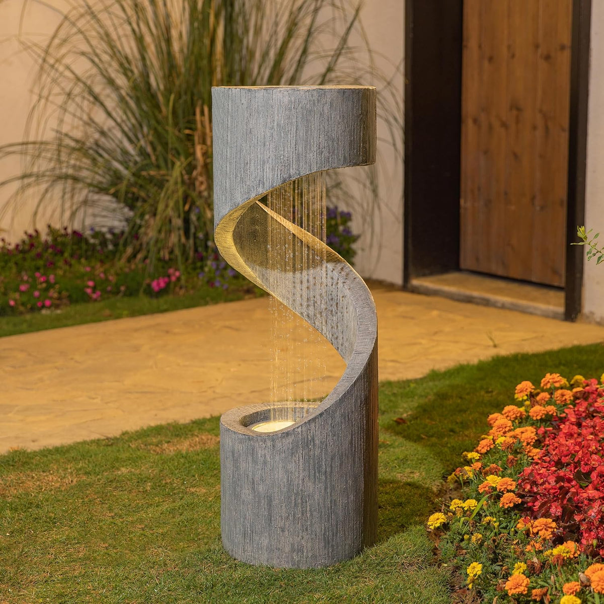 Glitzhome Tiered Outdoor Water Fountain with LED Light, Modern Spiral Outdoor Fountain with Stone