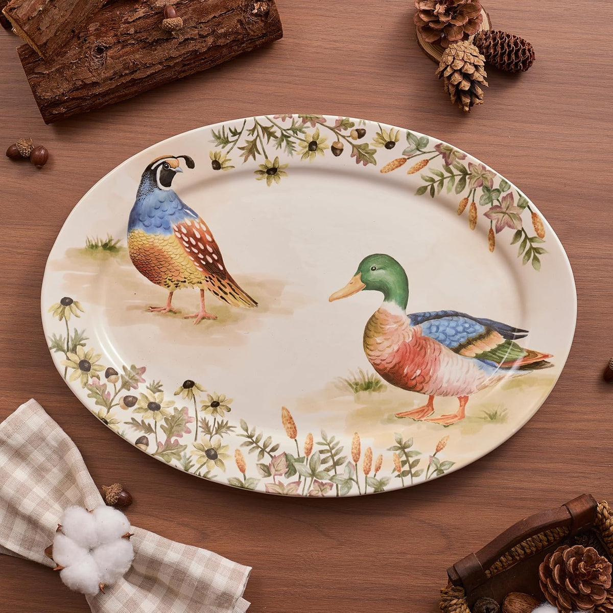 Bico Autumn Birds 16 plus 14 inch Oval Platters Set, Set of 2, Microwave and Dishwasher Safe, for