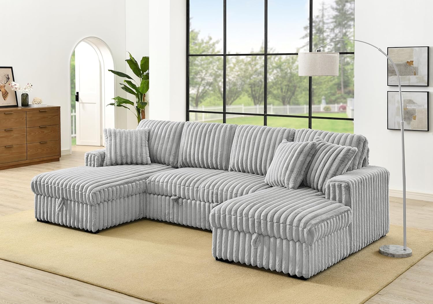 THSUPER Oversized U Shaped Plush Corduroy Fluffy Sectional Sleeper Sofa with Pull Out Bed and