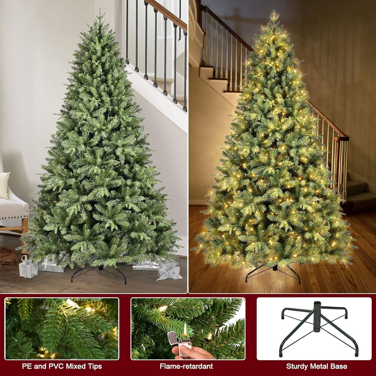 6.5 FT Pre-Lit Artificial Christmas Tree with 1706 PE&PVC Mixed Branch Tips, 450 Warm White Lights