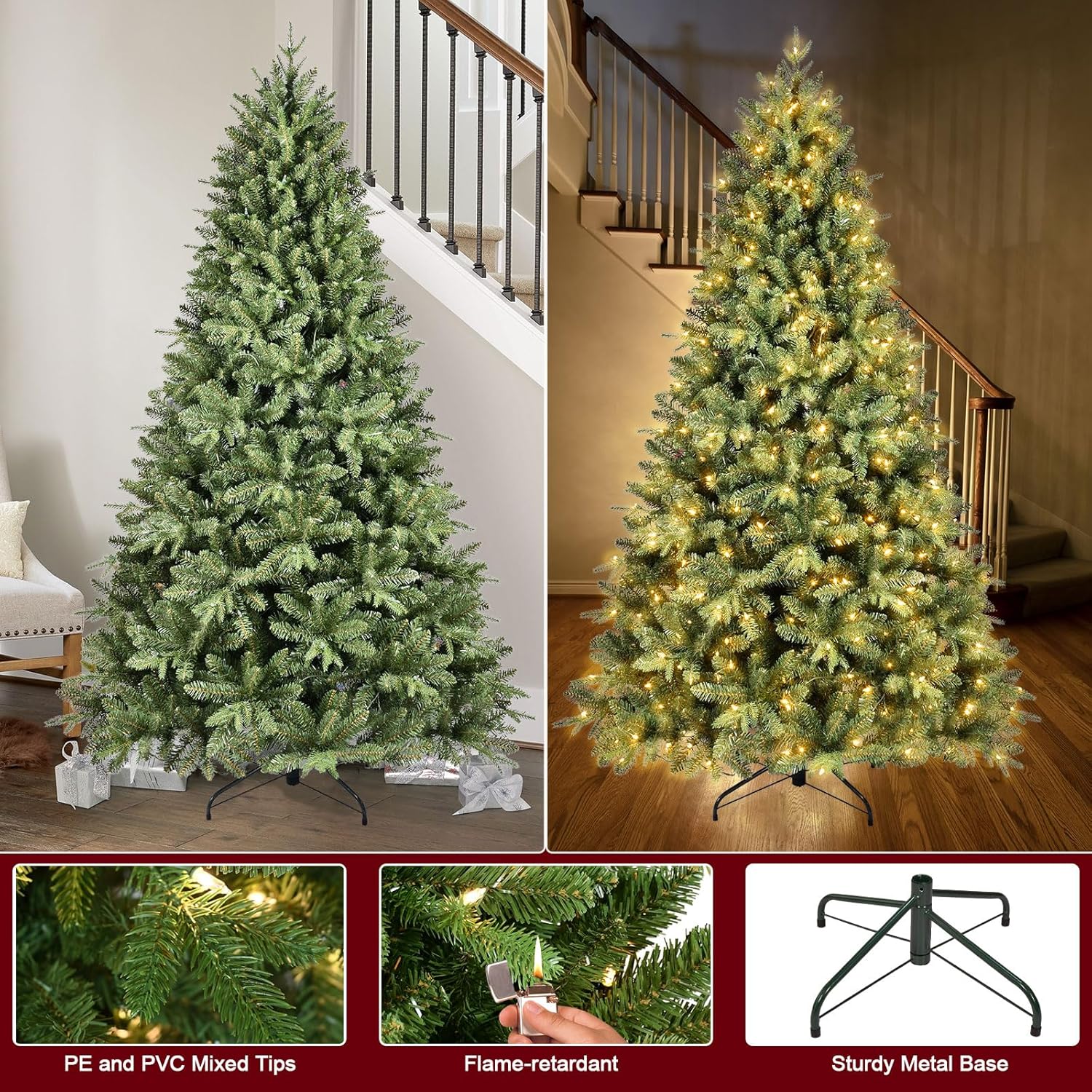 8FT Pre-Lit Artificial Christmas Tree with 2748 PE&PVC Mixed Branch Tips, 600 Warm White Lights