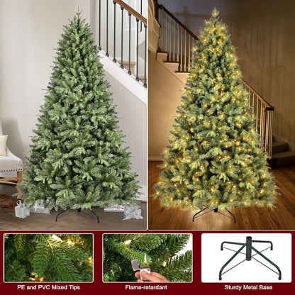 9FT Pre-Lit Artificial Christmas Tree with 3658 PE&PVC Mixed Branch Tips, 850 Warm White Lights