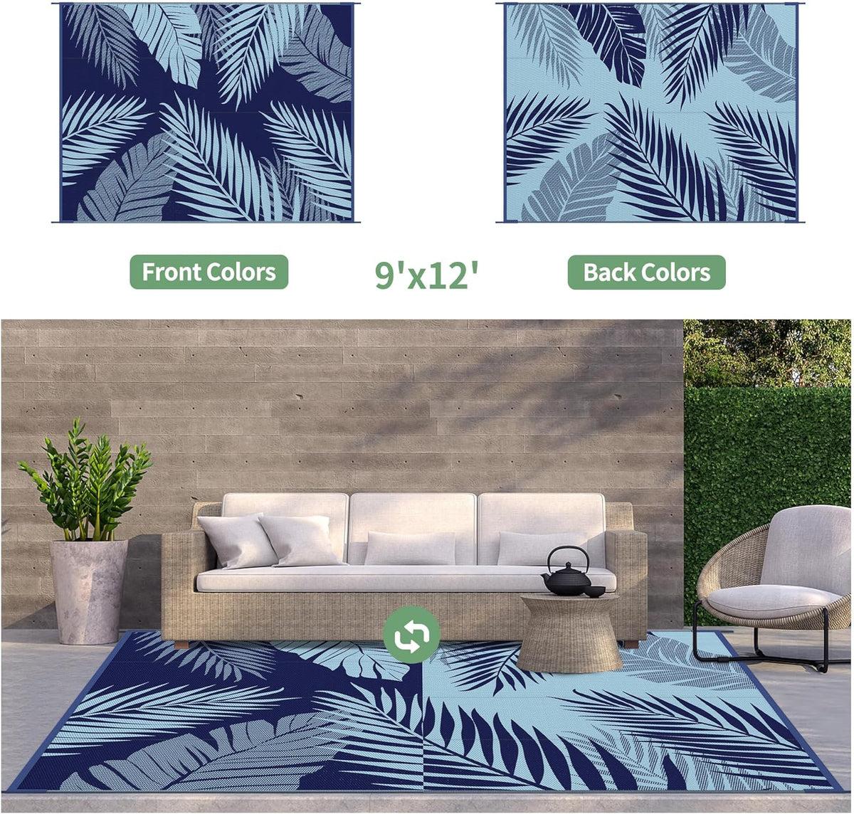 GENIMO Outdoor Rug 9' x 12' Waterproof for Patios Clearance, Reversible Outdoor Plastic Straw