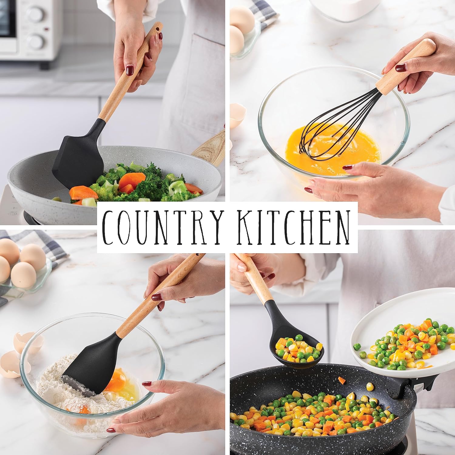Country Kitchen Non Stick Silicone Utensil Set with Rounded Wood Handles for Cooking and Baking, 14