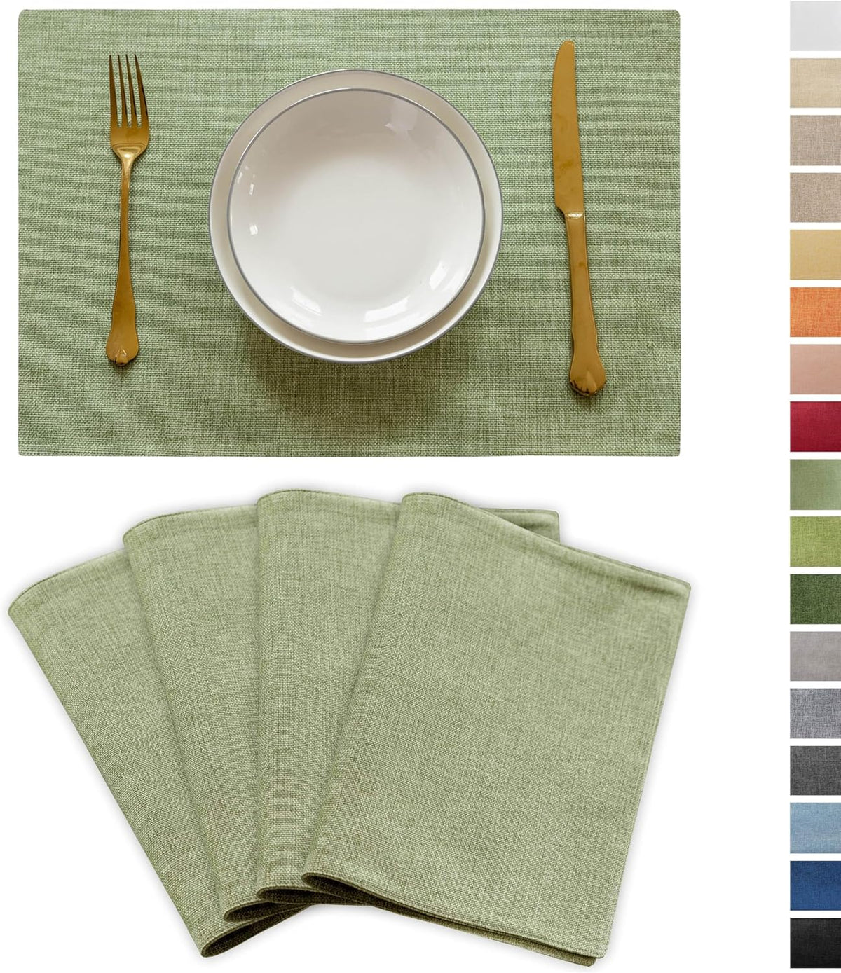 Demetex Green Placemat Set of 4 Washable Linen Place Mats for Dinner Heat Resistant Sage Cloth