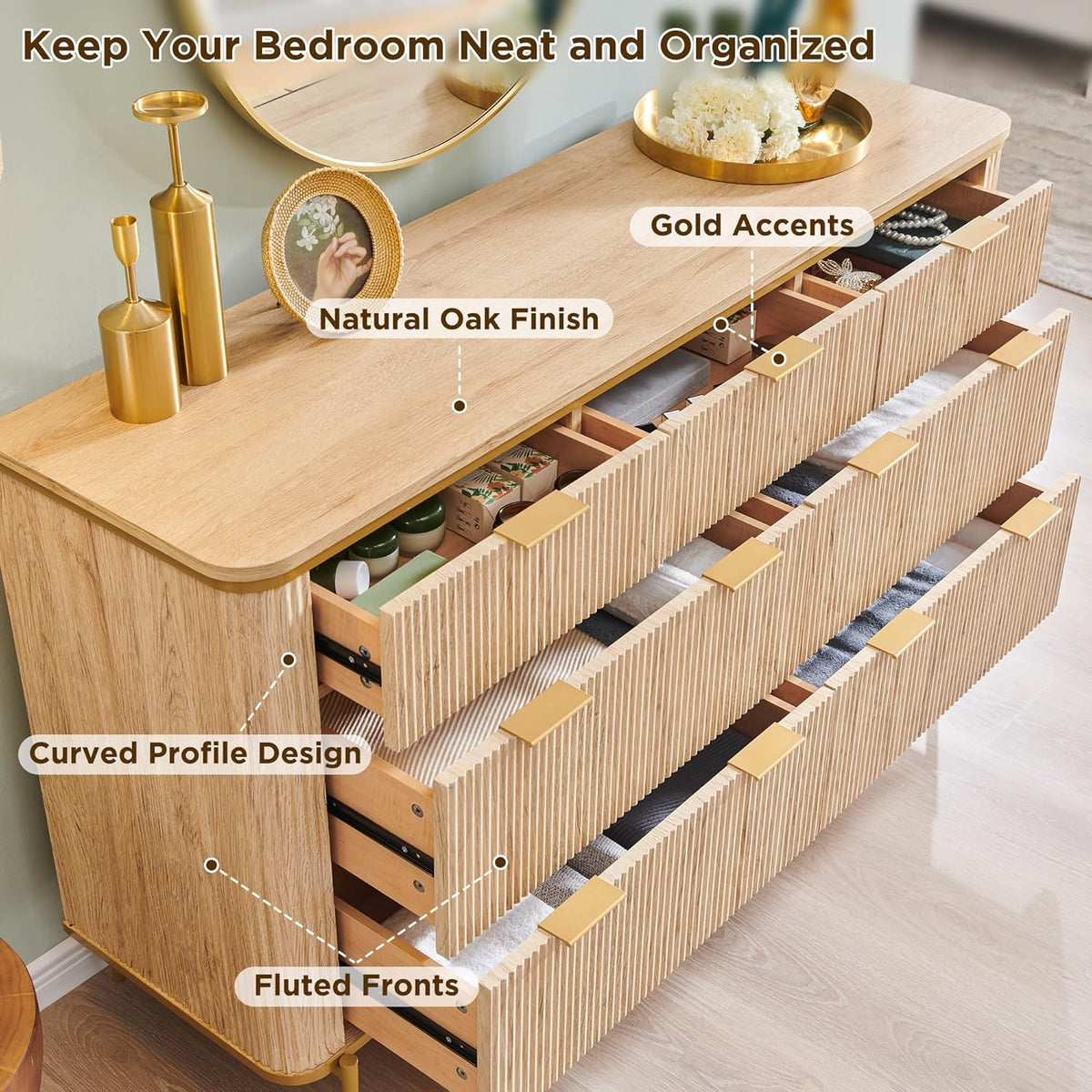T4TREAM Fluted 7 Drawers Dresser for Bedroom, 54" Wide Modern Dresser TV Stand, Gold Accents