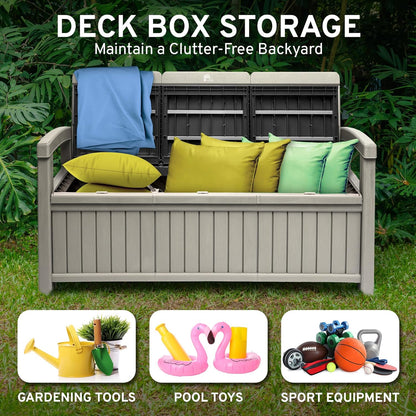 EconoHome 3 Seat Outdoor Storage Bench with Rain Cover - 90 Gallon Capacity - Weatherproof Resin