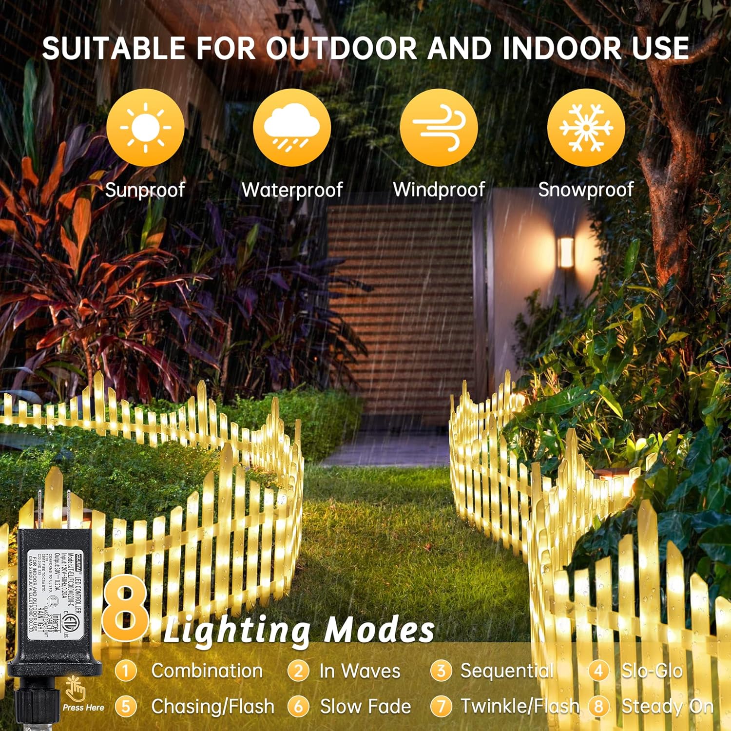 Hopolon 8 Pack 36LED Lighted Garden Fence,13.7x11.8inch Christmas Tree Fence Lights Plug in,8 Modes