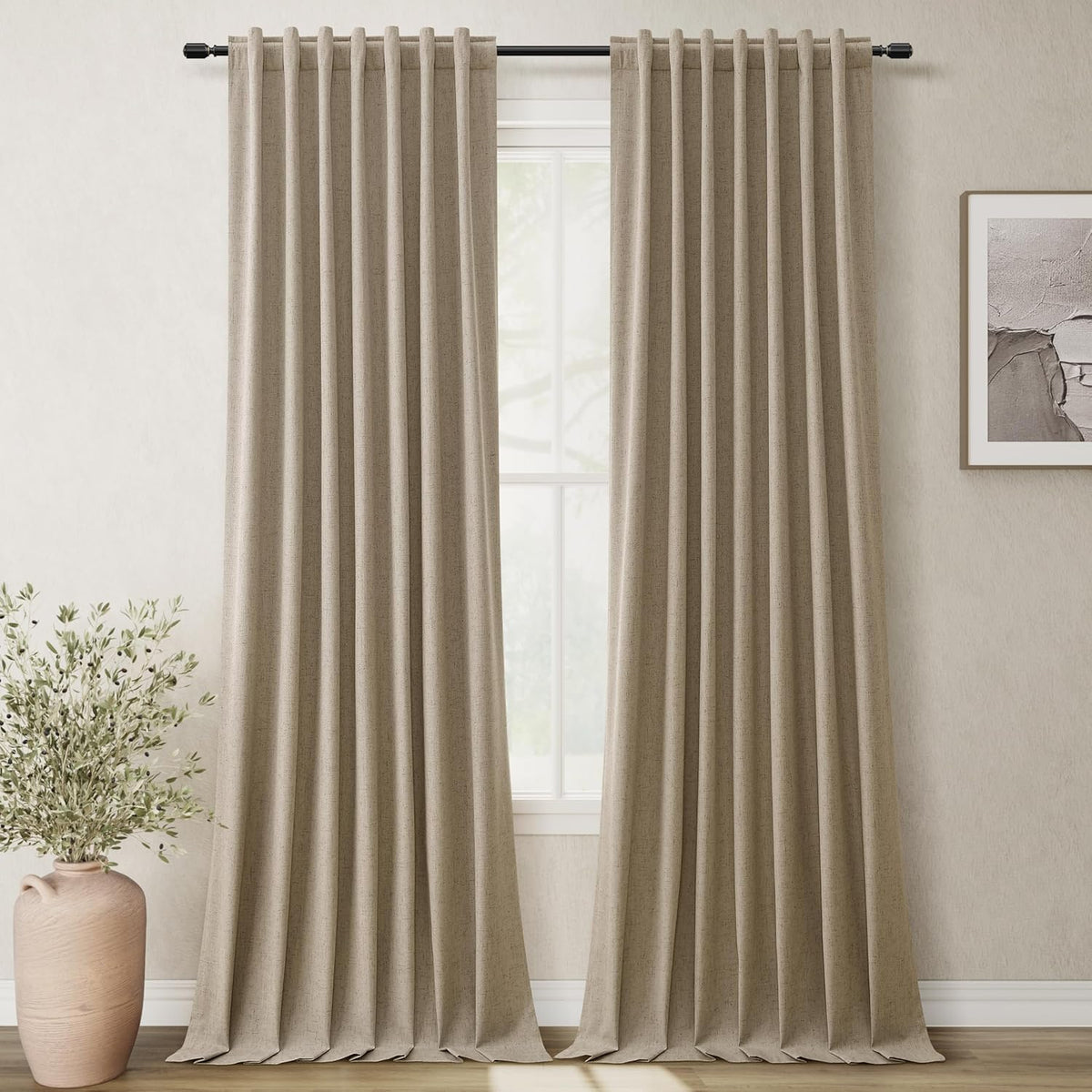 BOODII Khaki Linen 100% Blackout Curtains for Bedroom 102 Inch Long 2 Panels Window Curtain Floor
