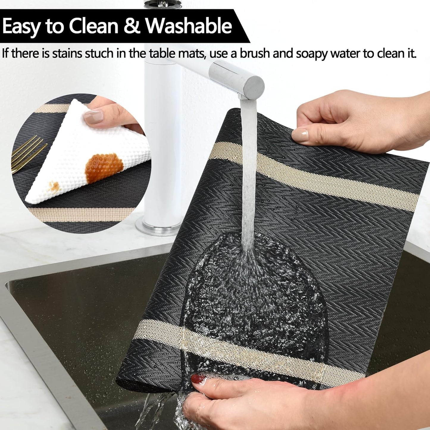 Black Placemats Set of 8 - Easy Clean Modern Durable Washable Vinyl Place Mats - Heat Resistant