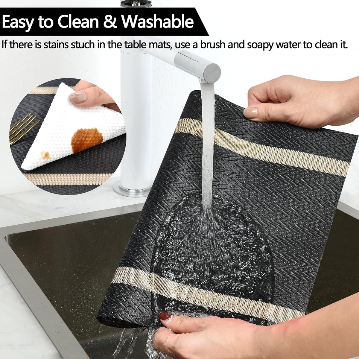 Black Placemats Set of 8 - Easy Clean Modern Durable Washable Vinyl Place Mats - Heat Resistant