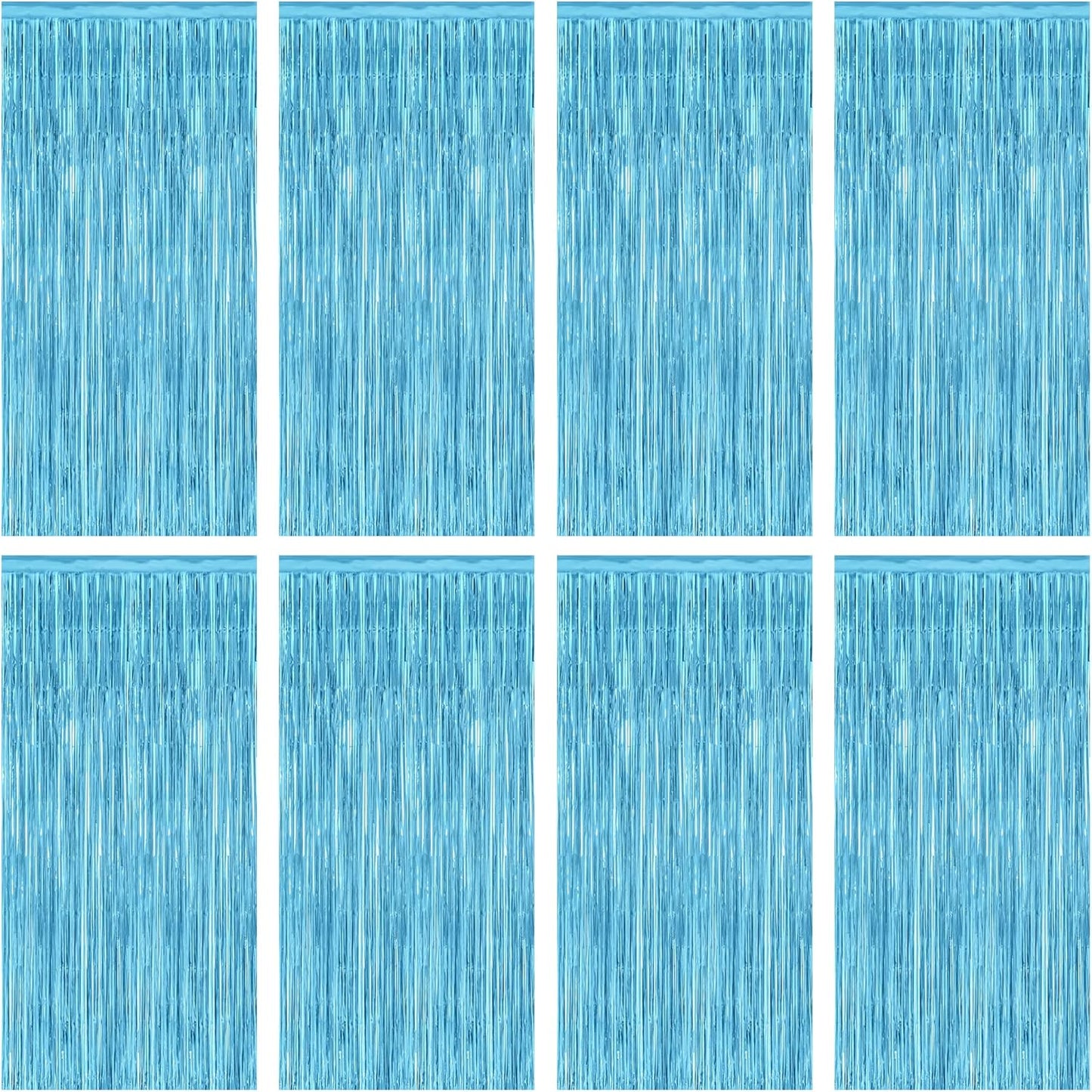 8 Pack Party Decorations, 3.28 FT x 7.05 FT Party Streamer, Metallic Sky Blue Tinsel Backdrop