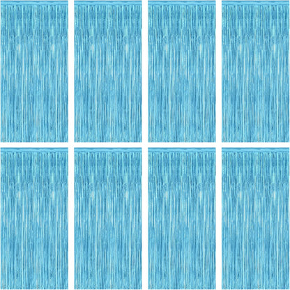 8 Pack Party Decorations, 3.28 FT x 7.05 FT Party Streamer, Metallic Sky Blue Tinsel Backdrop