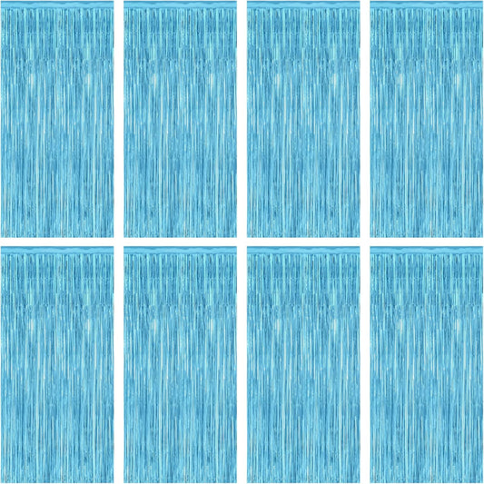 8 Pack Party Decorations, 3.28 FT x 7.05 FT Party Streamer, Metallic Sky Blue Tinsel Backdrop